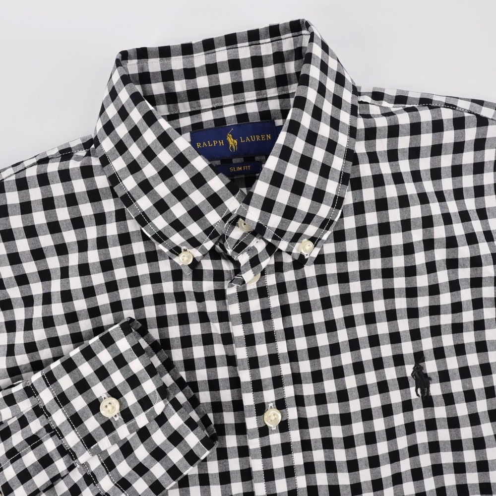 Ralph Lauren Gingham Slim Fit Button Down Black Long Sleeve Mens Medium